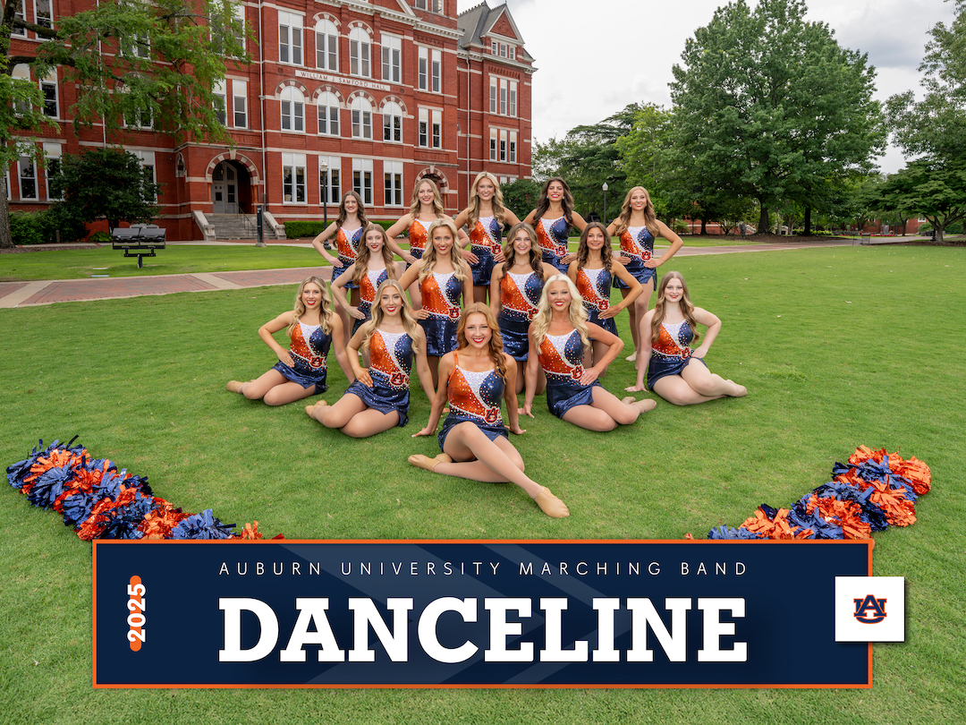 AUMB Dance line posing on the lawn in front of Samford Hall