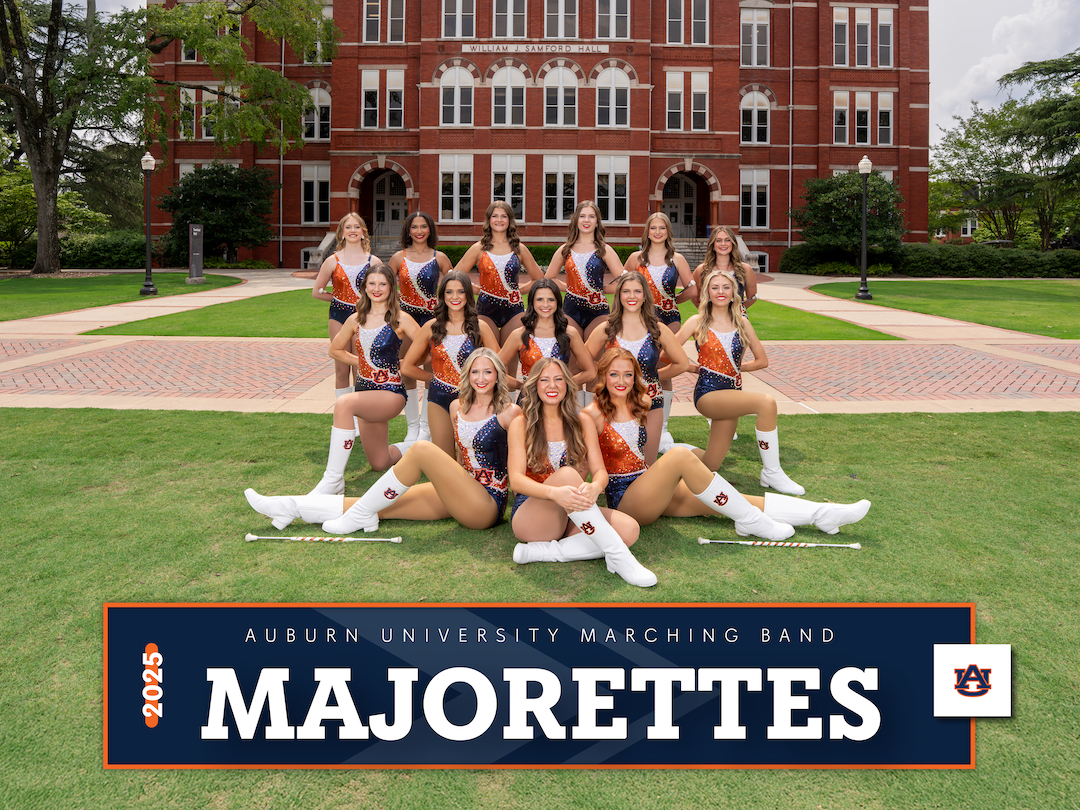 AUMB Majorettes posing on the lawn in front of Samford Hall