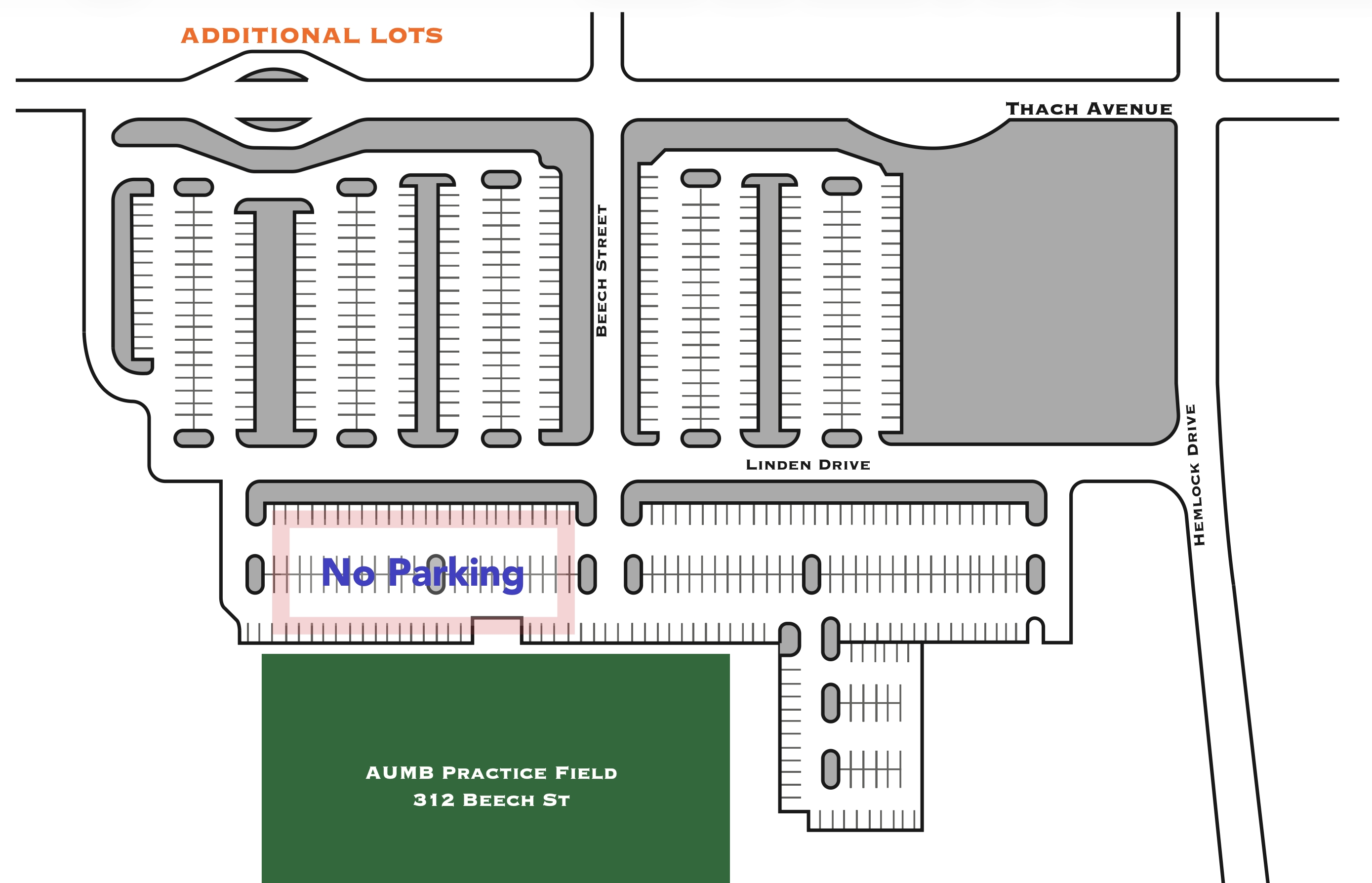 Site plan showing AUMB Practice Field at 312 Beech Street with surrounding residential buildings, parking areas, streets (Thach Avenue, Linden Drive, Beech Street, Hemlock Drive), and a marked no-parking zone.