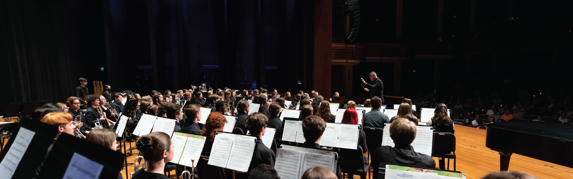 wide photo of campus band members on stage